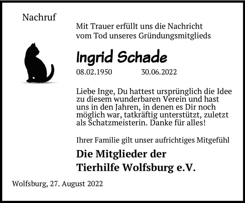Nachruf in Gedenken an Ingrid Schade